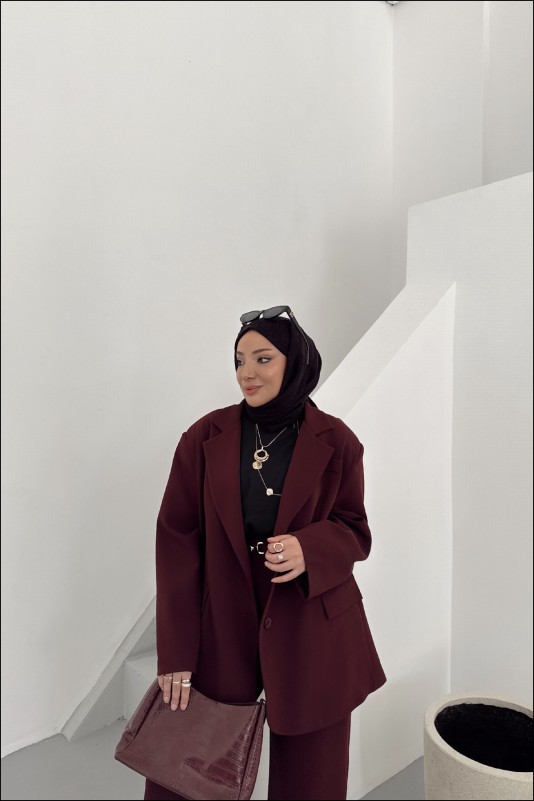 Bordo Amelia Kolu Düğmeli Blazer Takım