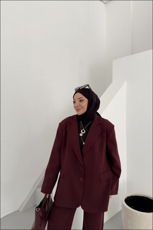 Bordo Amelia Kolu Düğmeli Blazer Takım