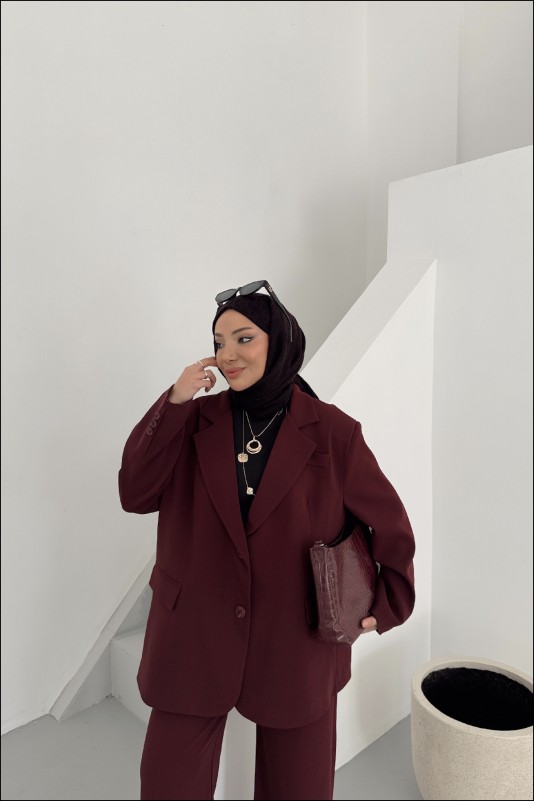 Bordo Amelia Kolu Düğmeli Blazer Takım