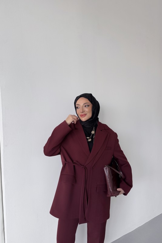 Bordo Frida Yandan Bağlamalı Blazer Takım