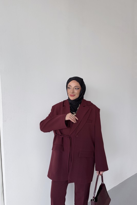 Bordo Frida Yandan Bağlamalı Blazer Takım