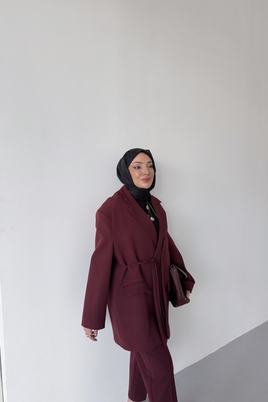 Bordo Frida Yandan Bağlamalı Blazer Takım