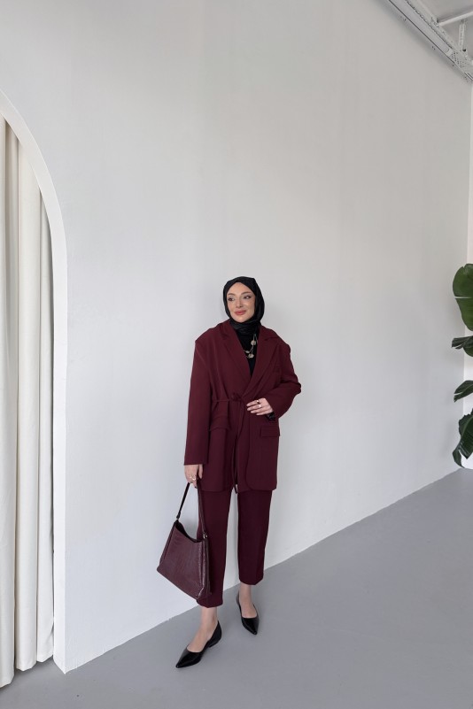 Bordo Frida Yandan Bağlamalı Blazer Takım