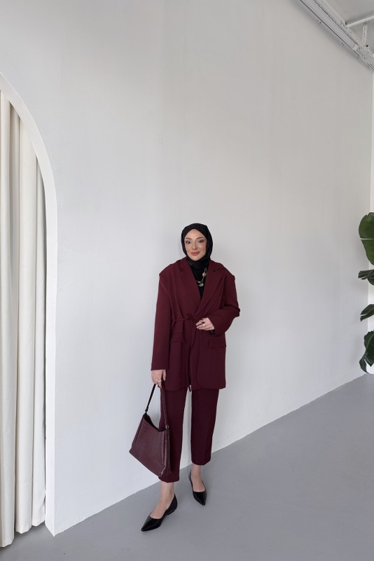 Bordo Frida Yandan Bağlamalı Blazer Takım