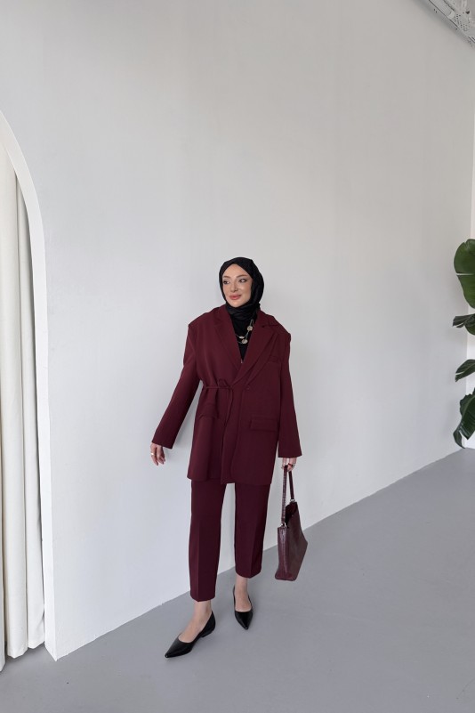 Bordo Frida Yandan Bağlamalı Blazer Takım