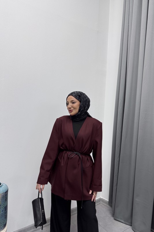 Bordo Sofia Kuşaklı Blazer Takım