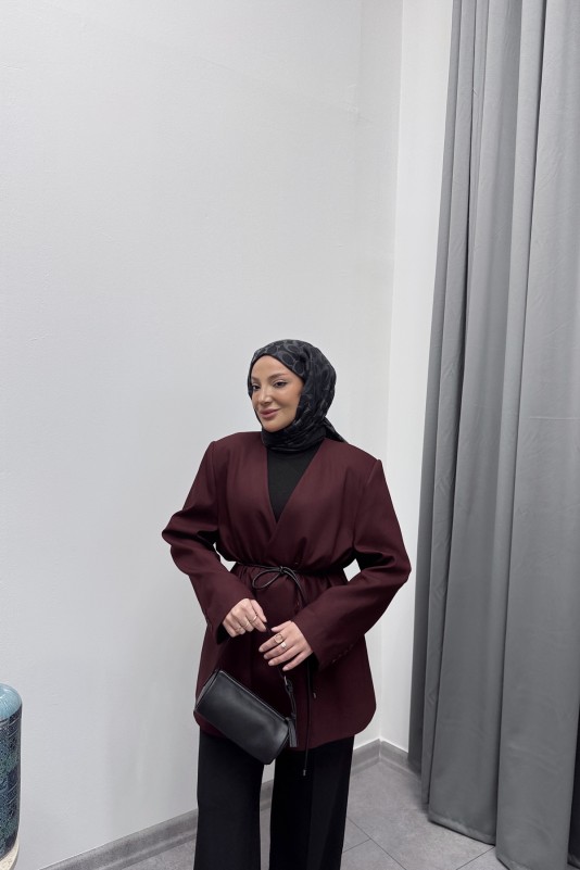 Bordo Sofia Kuşaklı Blazer Takım