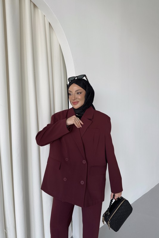 Bordo Wendy Kemerli Blazer Takım