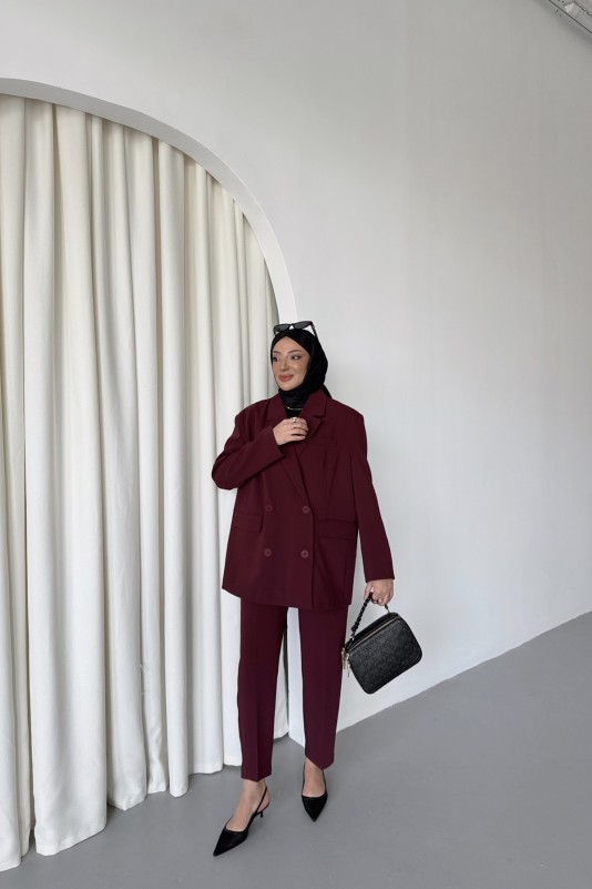 Bordo Wendy Kemerli Blazer Takım