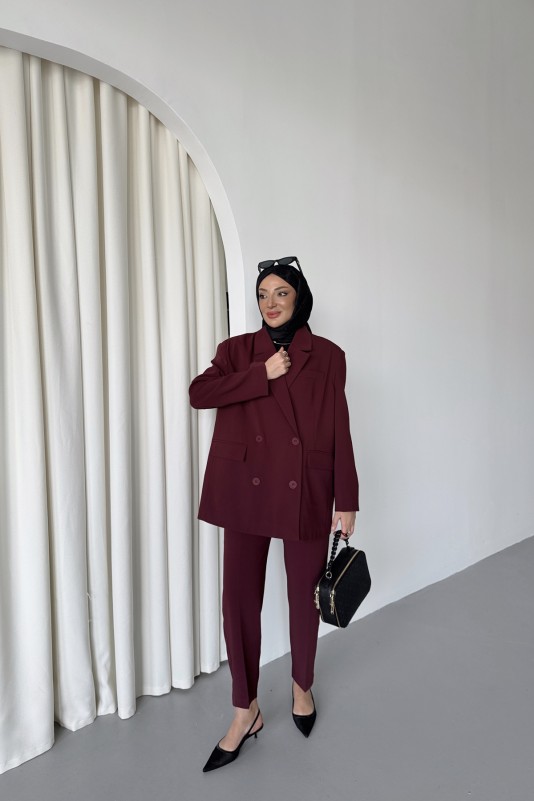 Bordo Wendy Kemerli Blazer Takım