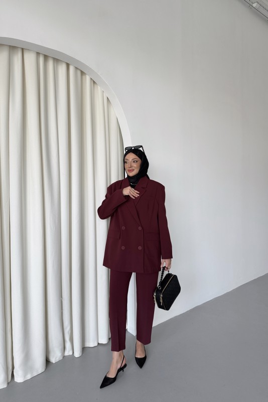 Bordo Wendy Kemerli Blazer Takım