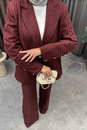 Bordo Modenna Çizgili Blazer Takım