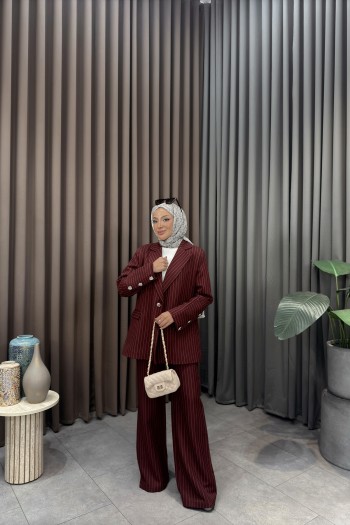 Bordo Modenna Çizgili Blazer Takım