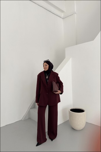 Bordo Amelia Kolu Düğmeli Blazer Takım