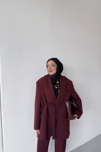 Bordo Frida Yandan Bağlamalı Blazer Takım