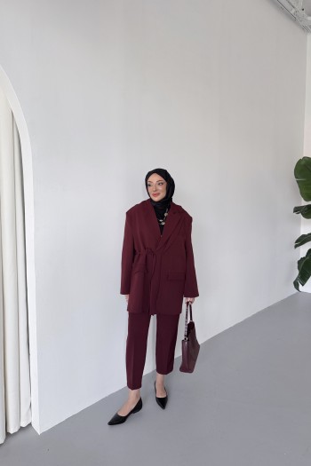 Bordo Frida Yandan Bağlamalı Blazer Takım