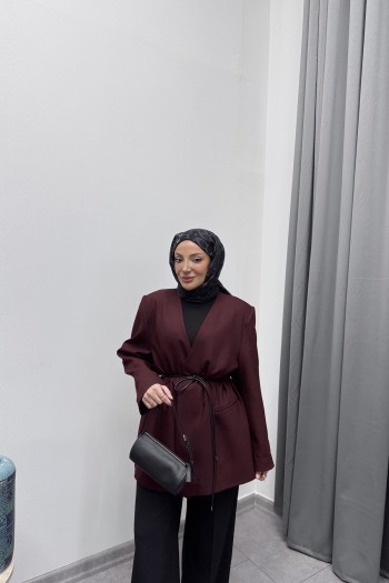 Bordo Sofia Kuşaklı Blazer Takım