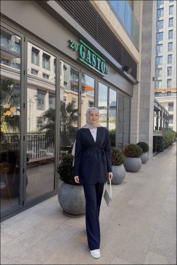 Lacivert Nora Taşlı Blazer Takım